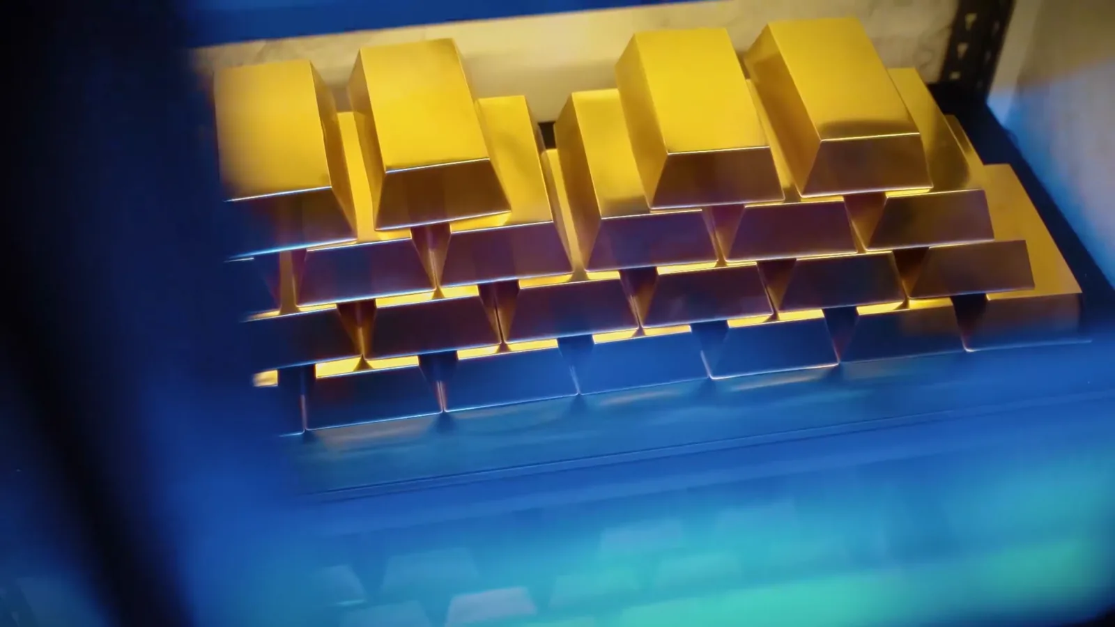 Stacked gold bars inside the Bank Heist vault